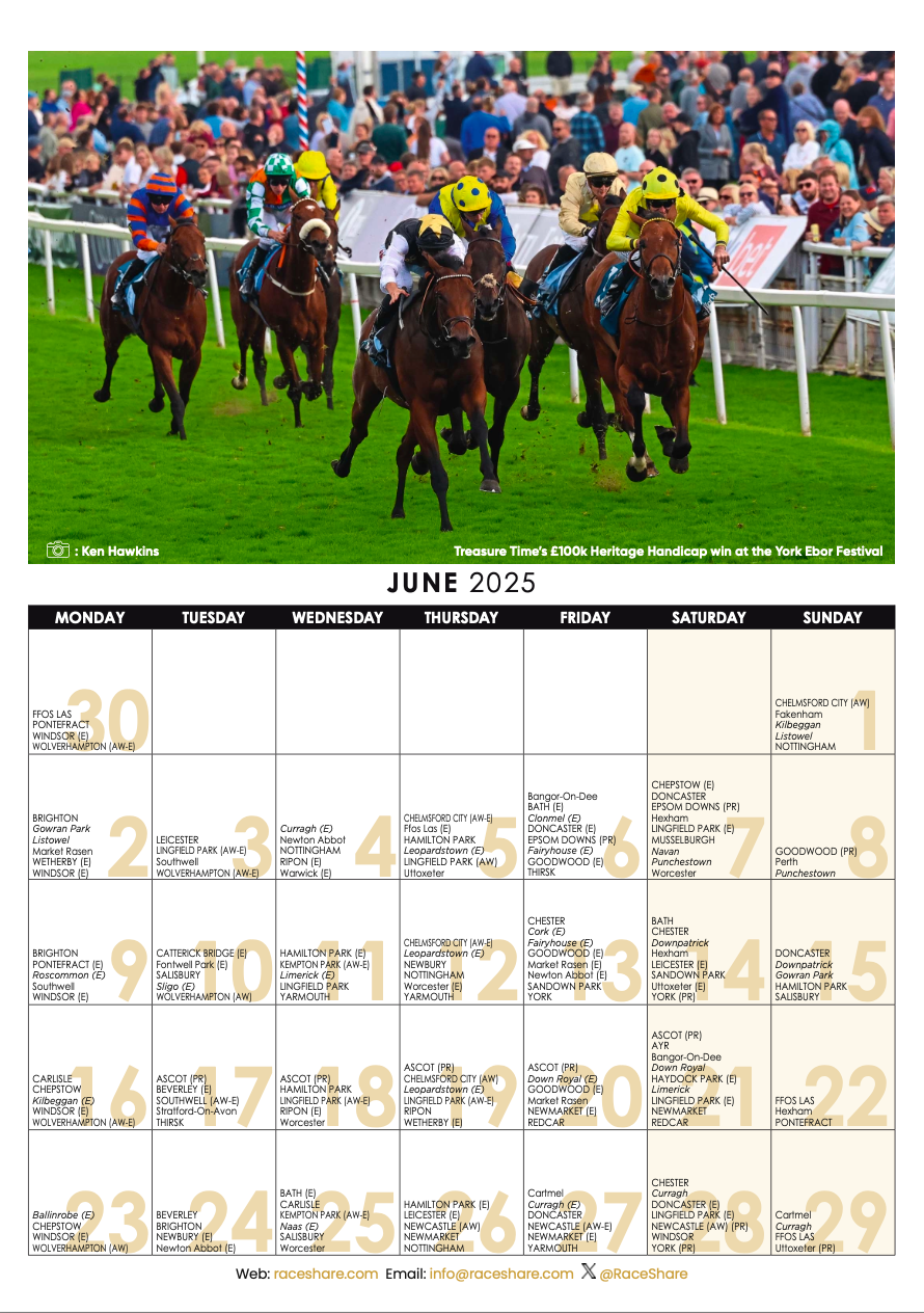 RaceShare 2025 A3 Wall Calendar